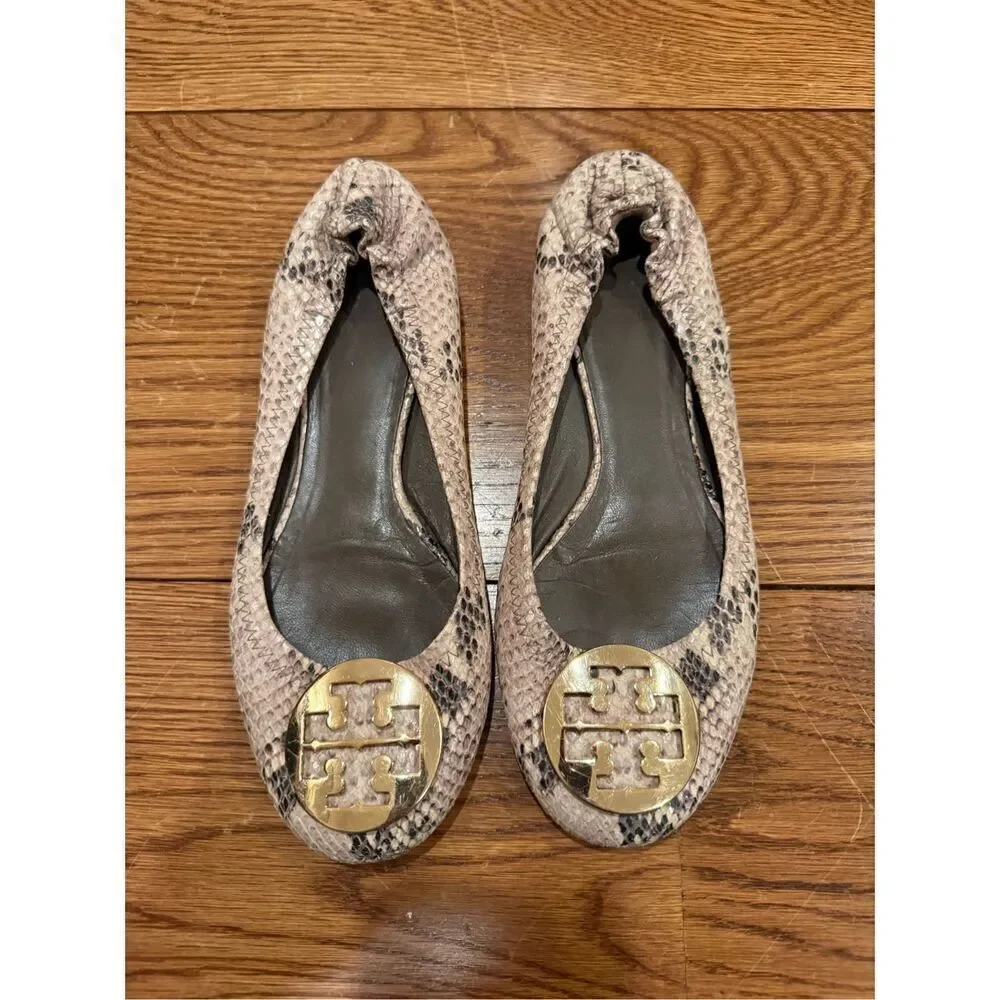 Tory Burch Reva Ballet Flats – Snakeskin Print with Gold Logo Medallion